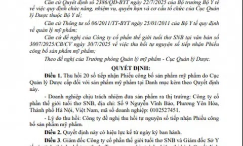 20 phiếu công bố tiếp nhận sản phẩm mỹ phẩm của Thế giới tuổi thơ SNB bị thu hồi