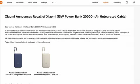 Gần 147.000 sạc dự phòng Xiaomi bị thu hồi do nguy cơ mất an toàn