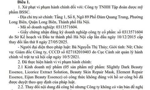Dược mỹ phẩm BSSC bị phạt 110 triệu đồng, buộc tiêu hủy 5 sản phẩm vi phạm