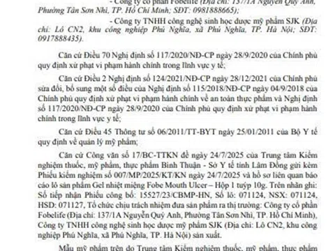 Không đạt chất lượng, Gel nhiệt miệng Fobe Mouth Ulcer bị đình chỉ lưu hành