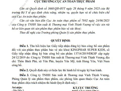 Thêm 4 công ty bị thu hồi hiệu lực giấy tiếp nhận đăng ký bản công bố sản phẩm