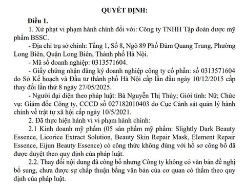 Dược mỹ phẩm BSSC bị phạt 110 triệu đồng, buộc tiêu hủy 5 sản phẩm vi phạm